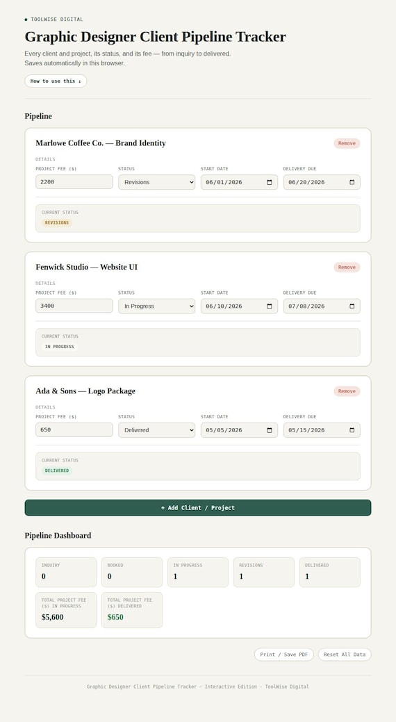 Graphic Designer Client Pipeline Tracker — Google Sheets & Excel spreadsheet by ToolWise Digital — view 3