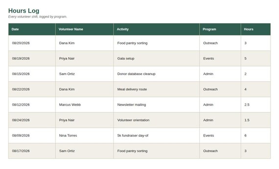 Volunteer Hours Tracker — Google Sheets & Excel spreadsheet by ToolWise Digital — view 4