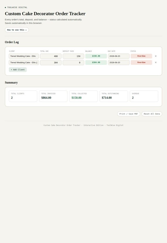 Custom Cake Decorator Order Tracker — Google Sheets & Excel spreadsheet by ToolWise Digital — view 3