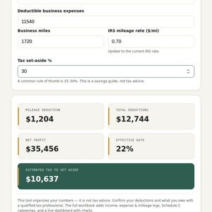 Free browser tax calculator showing net profit and estimated tax to set aside on a phone