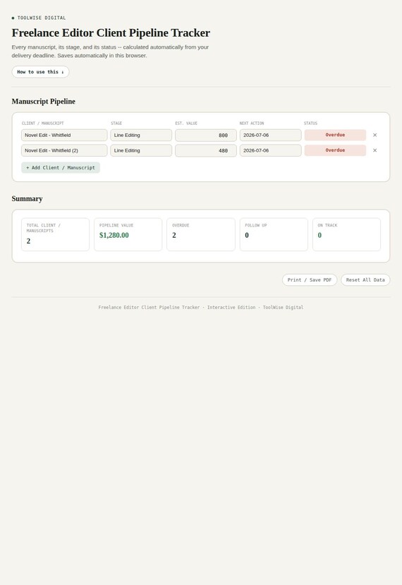 Freelance Editor Client Pipeline Tracker — Google Sheets & Excel spreadsheet by ToolWise Digital — view 3