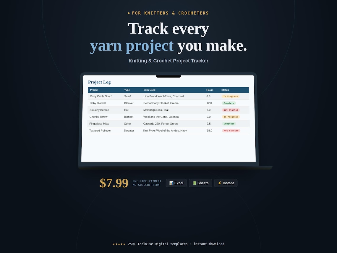 Knitting & Crochet Project Tracker — Google Sheets & Excel spreadsheet by ToolWise Digital