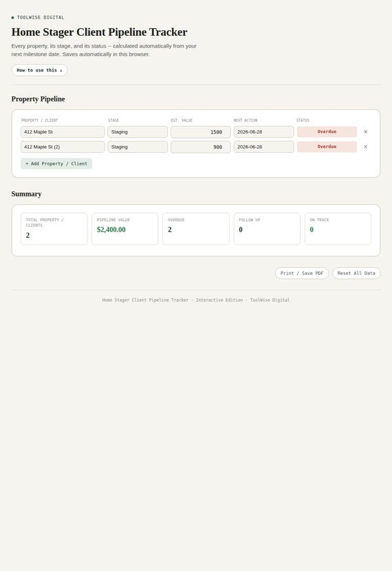 Home Stager Client Pipeline Tracker — Google Sheets & Excel spreadsheet by ToolWise Digital — view 3
