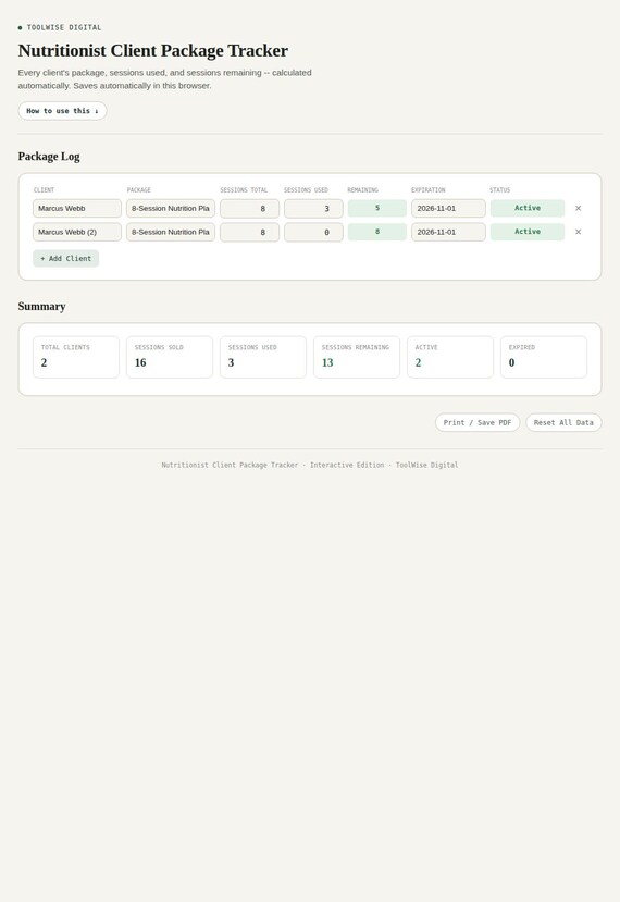 Nutritionist Client Package Tracker — Google Sheets & Excel spreadsheet by ToolWise Digital — view 3