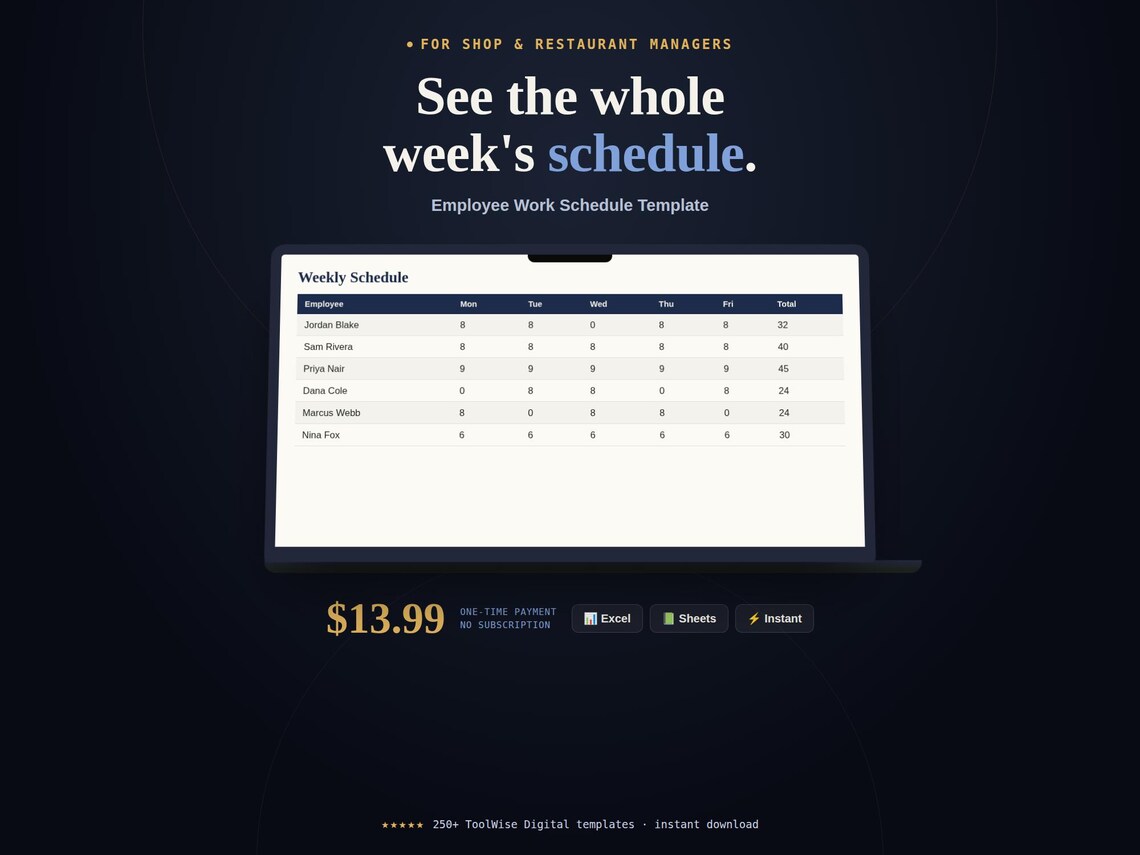 Employee Work Schedule Template — Google Sheets & Excel spreadsheet by ToolWise Digital