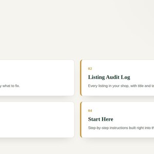 Feature grid showing the listing checker tool and workbook tabs included in the Etsy SEO Listing Audit Toolkit
