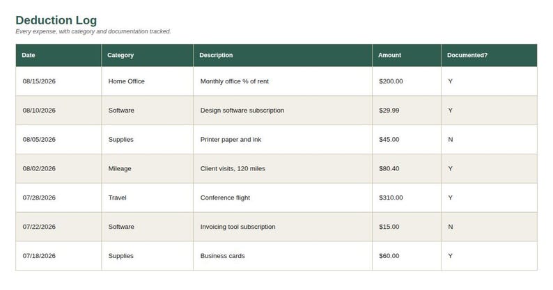 Spreadsheet log tab showing sample entries for Self-Employed Tax Deduction Tracker Spreadsheet