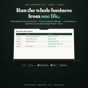 Small Business Command Center spreadsheet cover: one connected workbook with income, expenses, mileage, dashboard and quarterly tax tabs