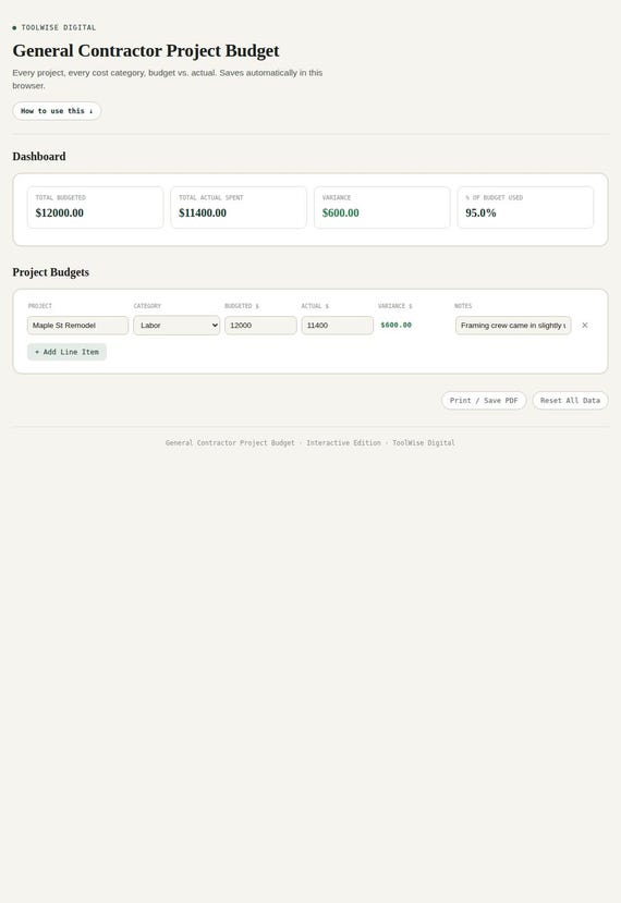 General Contractor Project Budget Tracker — Google Sheets & Excel spreadsheet by ToolWise Digital — view 3
