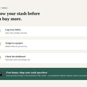 Three step how it works graphic and free bonus tool banner for Sewing & Fabric Stash Inventory Tracker