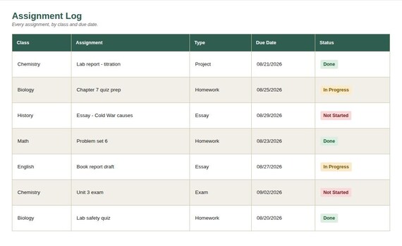 Student Assignment & Homework Tracker — Google Sheets & Excel spreadsheet by ToolWise Digital — view 4
