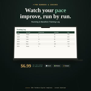 Running & Marathon Training Log Spreadsheet | Pace Distance Tracker (Google Sheets, Excel)