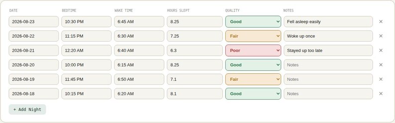 Interactive browser tool log table for Sleep Tracker Spreadsheet
