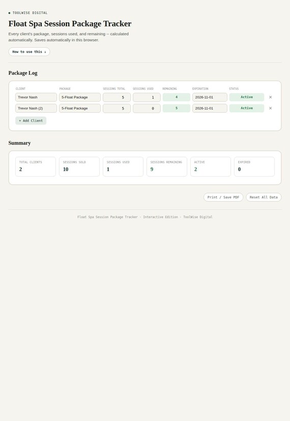 Float Spa Session Package Tracker — Google Sheets & Excel spreadsheet by ToolWise Digital — view 3