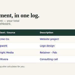 1099 income log tab: date, client, description and amount, totaling automatically