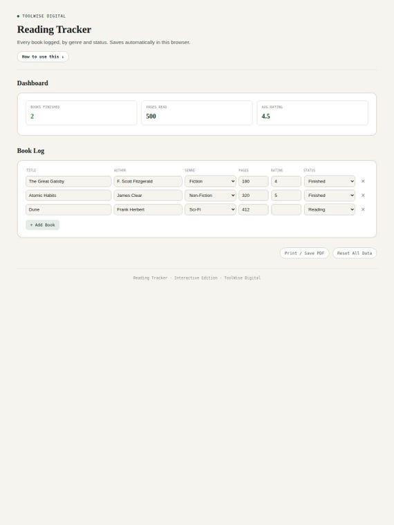 Reading Tracker — Google Sheets & Excel spreadsheet by ToolWise Digital — view 3