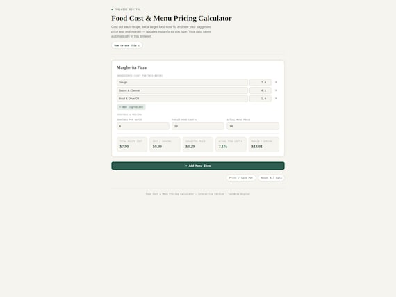 Food Cost Calculator Spreadsheet — Google Sheets & Excel spreadsheet by ToolWise Digital — view 4