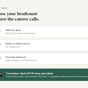 Three step how it works graphic and free bonus tool banner for Wedding Guest List & RSVP Tracker Spreadsheet