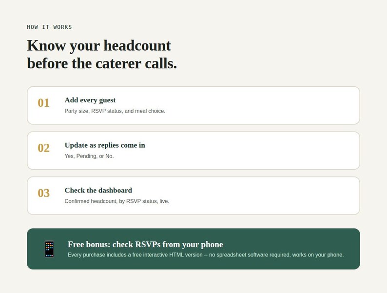 Three step how it works graphic and free bonus tool banner for Wedding Guest List & RSVP Tracker Spreadsheet