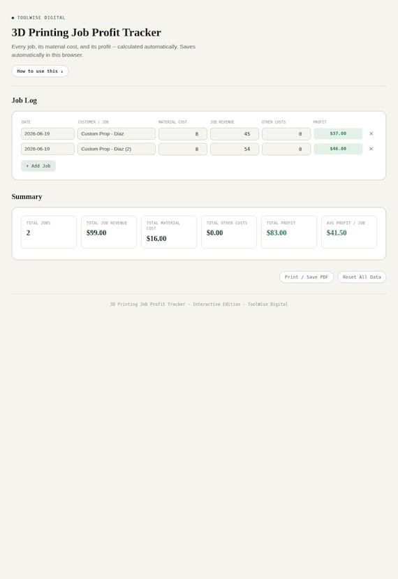 3D Printing Job Profit Tracker — Google Sheets & Excel spreadsheet by ToolWise Digital — view 3
