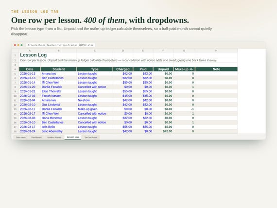 Private Music Teacher Tuition Tracker — Google Sheets & Excel spreadsheet by ToolWise Digital — view 5