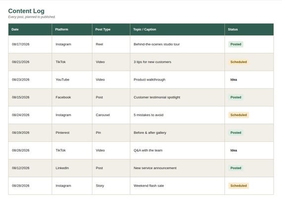 Content Calendar & Social Media Planner — Google Sheets & Excel spreadsheet by ToolWise Digital — view 4