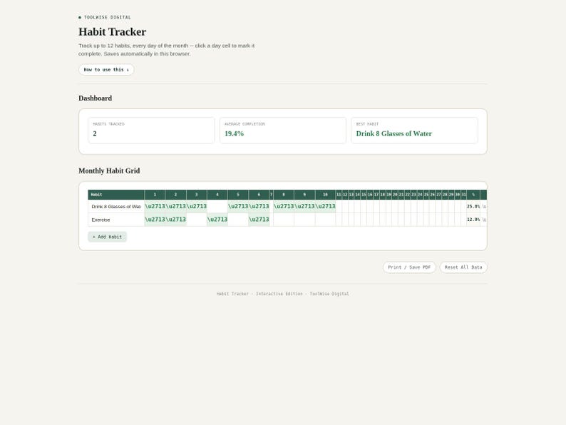 Habit tracker tool showing daily habits with streaks and completion rates