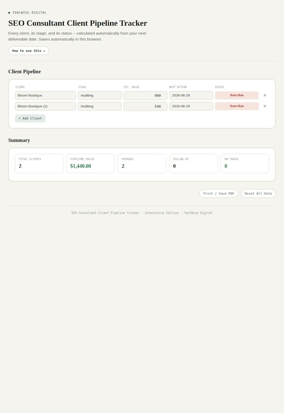 SEO Consultant Client Pipeline Tracker — Google Sheets & Excel spreadsheet by ToolWise Digital — view 3