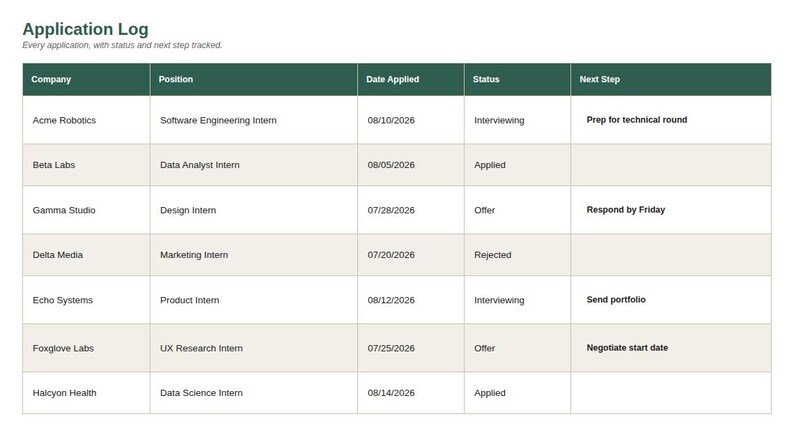 Spreadsheet log tab showing sample entries for Internship Application Tracker Spreadsheet