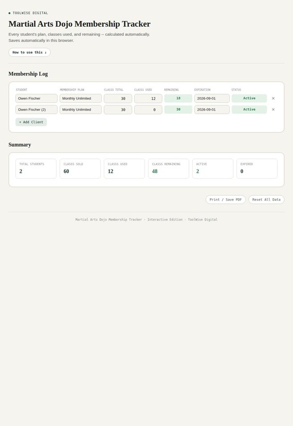 Martial Arts Dojo Membership Tracker — Google Sheets & Excel spreadsheet by ToolWise Digital — view 3