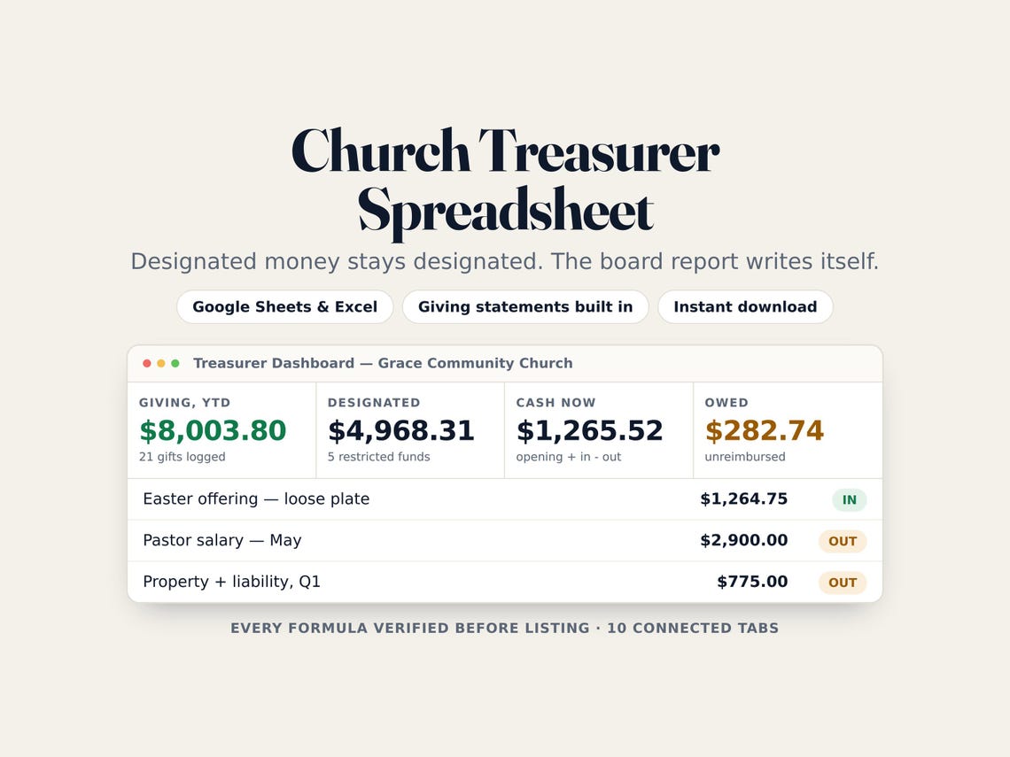 Church Treasurer Spreadsheet — Google Sheets & Excel spreadsheet by ToolWise Digital