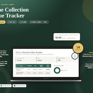 May include: A digital Wine Collection Value Tracker spreadsheet template displayed on a laptop screen. The interface features columns for item, category, cost, current value, and gain/loss, with an automated ROI calculation and a 50-row capacity.