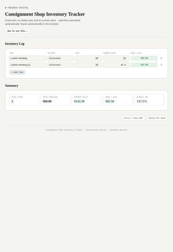 Consignment Shop Inventory Tracker — Google Sheets & Excel spreadsheet by ToolWise Digital — view 3