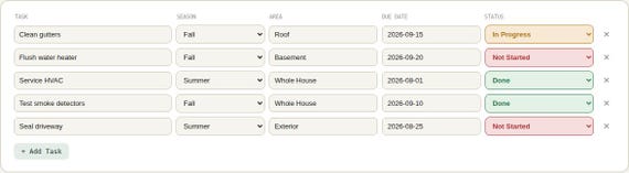 Seasonal Home Maintenance Checklist Spreadsheet — Google Sheets & Excel spreadsheet by ToolWise Digital — view 6