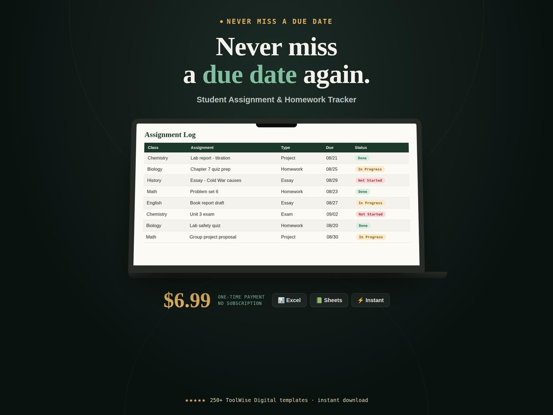 Student Assignment & Homework Tracker — Google Sheets & Excel spreadsheet by ToolWise Digital