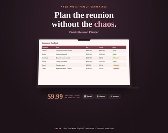 Foglio di calcolo per la pianificazione di riunioni di famiglia / Strumento di monitoraggio del budget per riunioni, pianificazione di eventi (Fogli Google, Excel)
