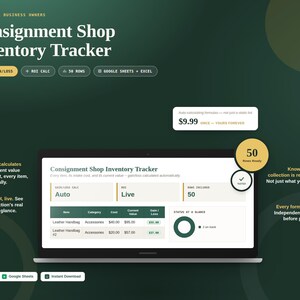 Op de afbeelding: Een digitale voorraadtracker voor consignatiewinkels weergegeven op een laptopscherm. De interface bevat kolommen voor item, categorie, kosten, huidige waarde en winst/verlies, inclusief automatische berekeningsformules en ROI-tracking.