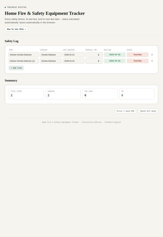 Home Fire & Safety Equipment Tracker — Google Sheets & Excel spreadsheet by ToolWise Digital — view 3