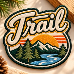 Puede incluir: Un parche bordado con la palabra Trail en letra cursiva color crema y borde verde oscuro. El diseño muestra un paisaje con pinos verdes, montañas con cumbres blancas, un sol naranja brillante y un río azul serpenteante sobre un fondo color crema.