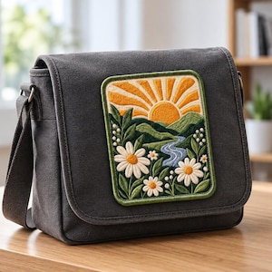 Mountain Landscape Embroidered Patch, Daisy Nature Iron-On Patch