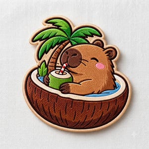 Puede incluir: Un parche bordado que muestra un capibara marrón sentado dentro de una cáscara de coco partida por la mitad. El capibara bebe de un coco verde con una pajita a rayas rojas y blancas, bajo una palmera verde con un tronco marrón.
