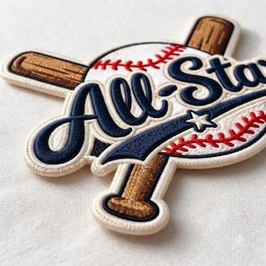 May include: An embroidered patch featuring a white baseball with red stitching crossed by two brown wooden baseball bats. The text All-Star is stitched in dark navy blue thread across the centre, with a small white star accenting the design.