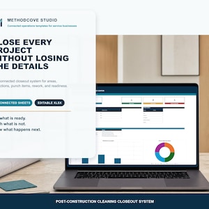 May include: A laptop displaying a digital project management dashboard with a colorful pie chart and data tables. An overlay features the text Methodcove Studio, Close Every Project Without Losing The Details, 12 Connected Sheets, and Editable XLSX.