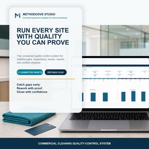 May include: A digital marketing graphic for Methodcove Studio featuring a laptop displaying a quality-control dashboard. The text reads: Run every site with quality you can prove, 11 connected sheets, editable xlsx, catch gaps early, rework with proof, close with confidence.