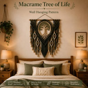 May include: A black macrame wall hanging featuring a central Tree of Life design within a circular frame, accented with wooden beads and diamond-shaped patterns. The text reads Macrame Tree of Life Wall Hanging Pattern, Detailed Instructions, Step-by-Step Guide, Beginner Friendly, and Beautiful Wall Decor.