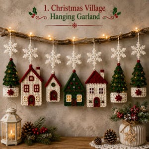 Puede incluir: Una guirnalda colgante de pueblo navideño con adornos de ganchillo de casas y pinos suspendidos de una rama de madera con detalles de copos de nieve blancos. El texto 1. Christmas Village Hanging Garland aparece sobre la guirnalda.
