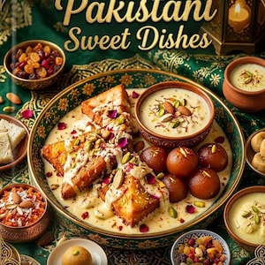 Può includere: Una copertina di libro intitolata 10 Traditional Pakistani Sweet Dishes di Pixycraft Artt, che mostra una grande ciotola decorata con Shahi Tukda e Gulab Jamun in crema, circondata da piccole ciotole con vari dolci, noci e frutta secca.