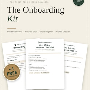 Pode incluir: Um modelo de kit de integração digital para gerentes de contratação, incluindo lista de verificação, e-mail de boas-vindas, plano de integração e check-in 30/60/90. O documento inclui texto como The Onboarding Kit e +1 Free Bonus Guide.