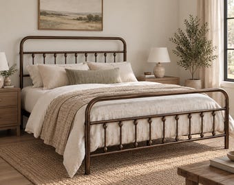 Vintage bronze metal bedframe, No box spring bedframe, Queen bedframe, King bedframe, Full bedframe