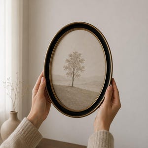 May include: An oval-shaped picture frame with a black and gold finish containing a sepia-toned print of a solitary tree standing in a field. The frame features a smooth, rounded profile and a thin gold inner border surrounding the artwork.